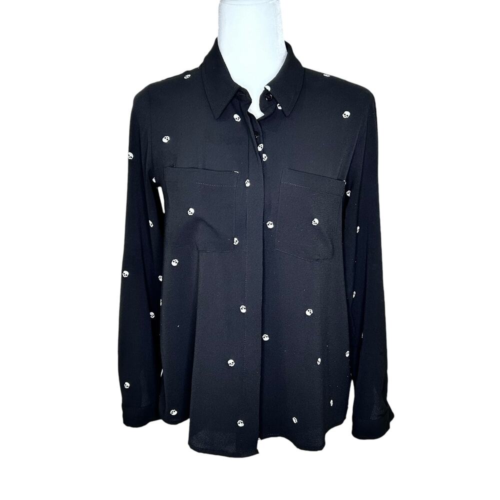 Hippie Rose Black White Skeleton Skull Roll Tab Long Sleeve Blouse